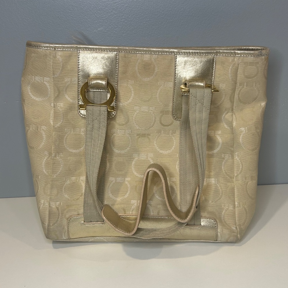 Ferragamo Beige Gancini Leather Tote Bag